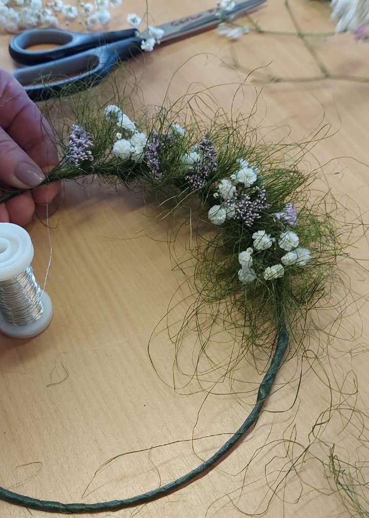 Herstellung eines dekorativen Kranzes mit Blumen